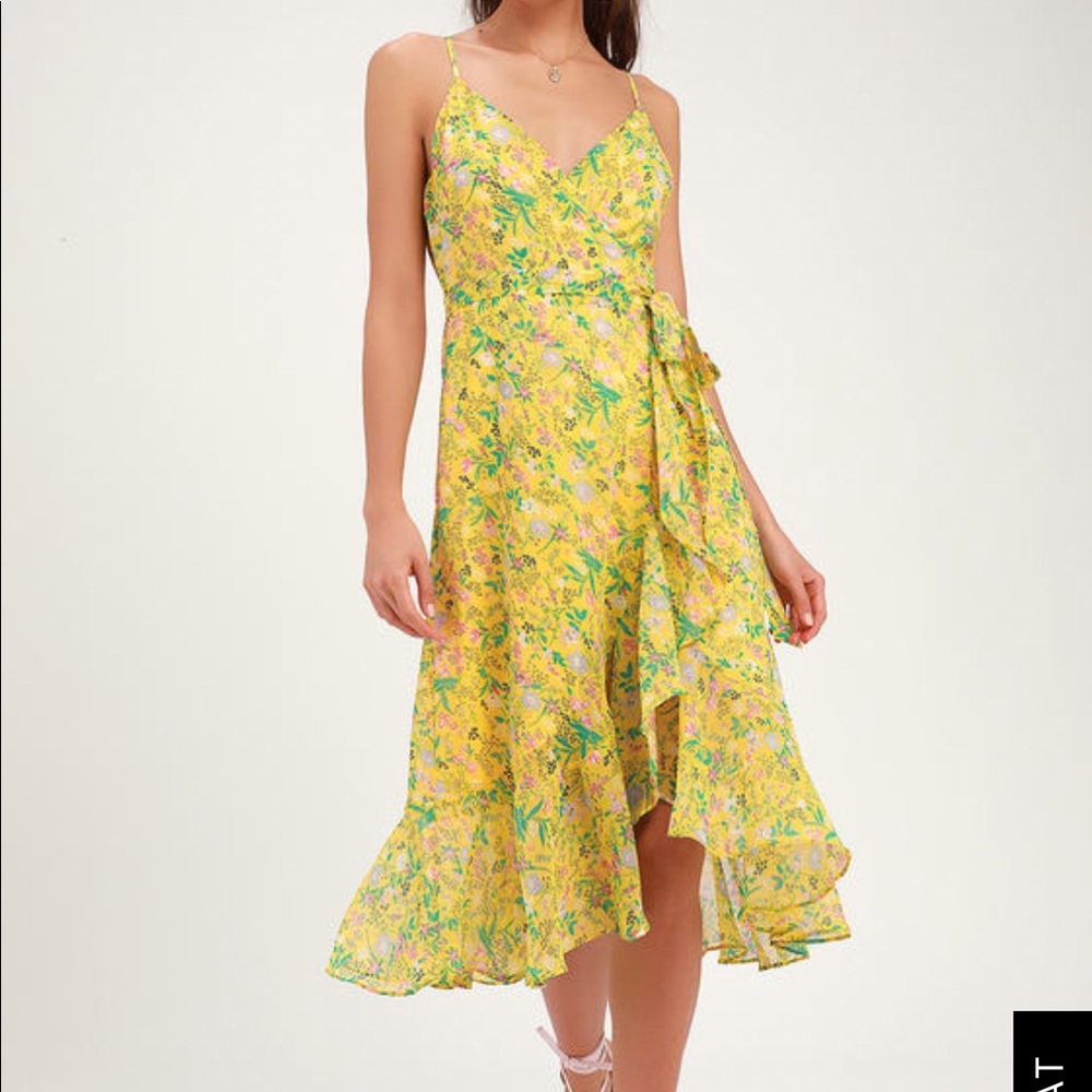 Lulu’s Alexandria Yellow Floral Print Wrap Dress